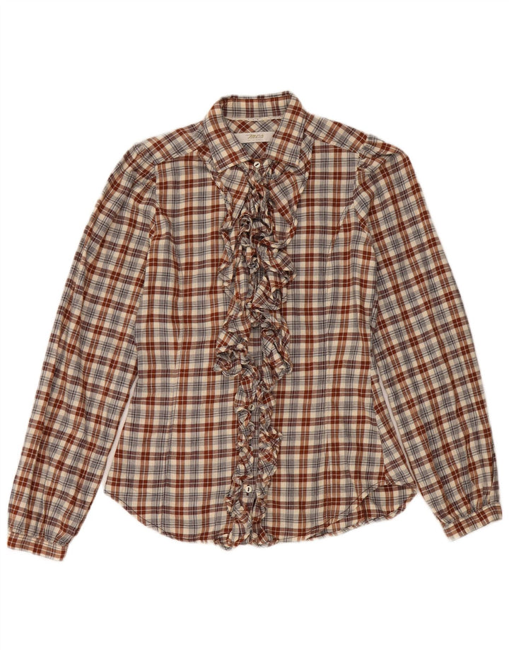 Marlboro Classics Womens Ruffle Front Shirt IT 38 XS Brown Check Cotton