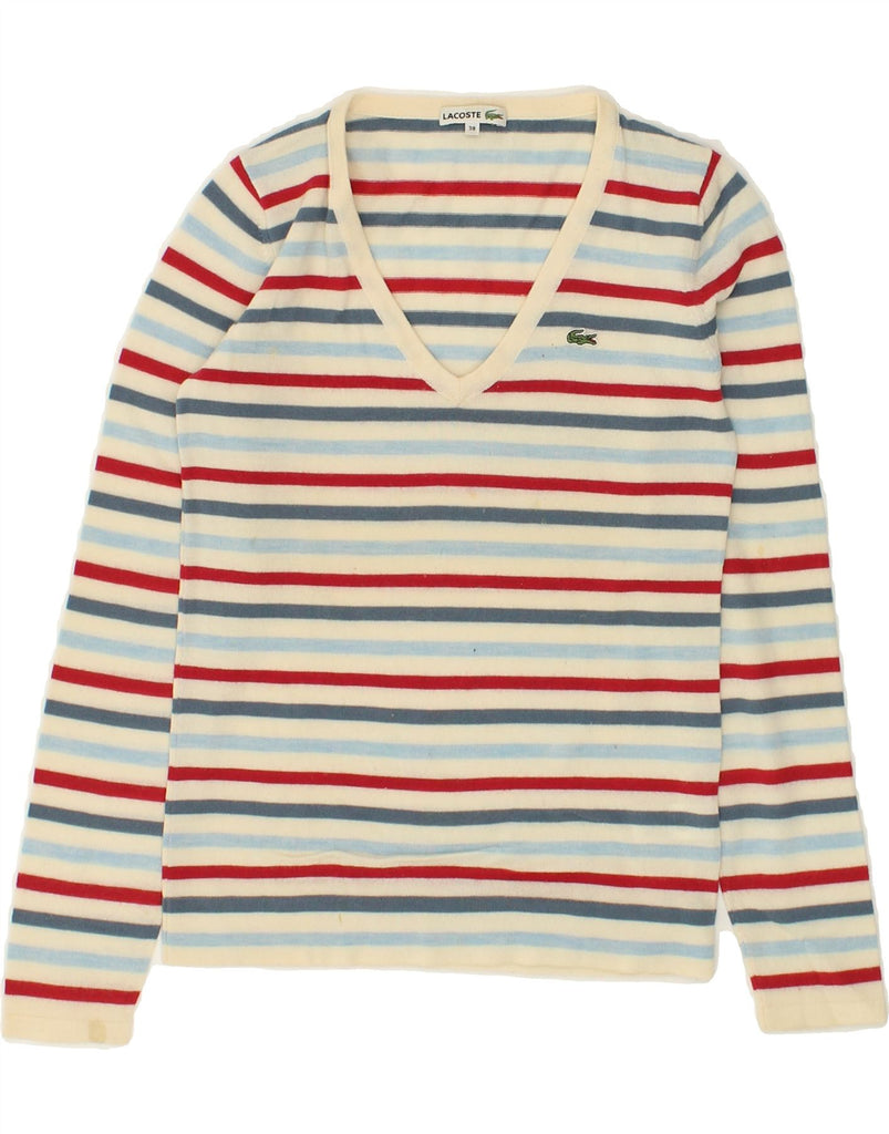 LACOSTE Womens V-Neck Jumper Sweater Size 38 Medium Multicoloured Striped | Vintage Lacoste | Thrift | Second-Hand Lacoste | Used Clothing | Messina Hembry 