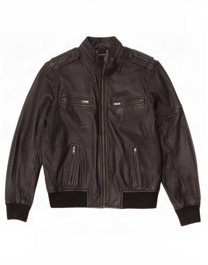 BARNEYS Mens Military Leather Jacket UK 38 Medium Black