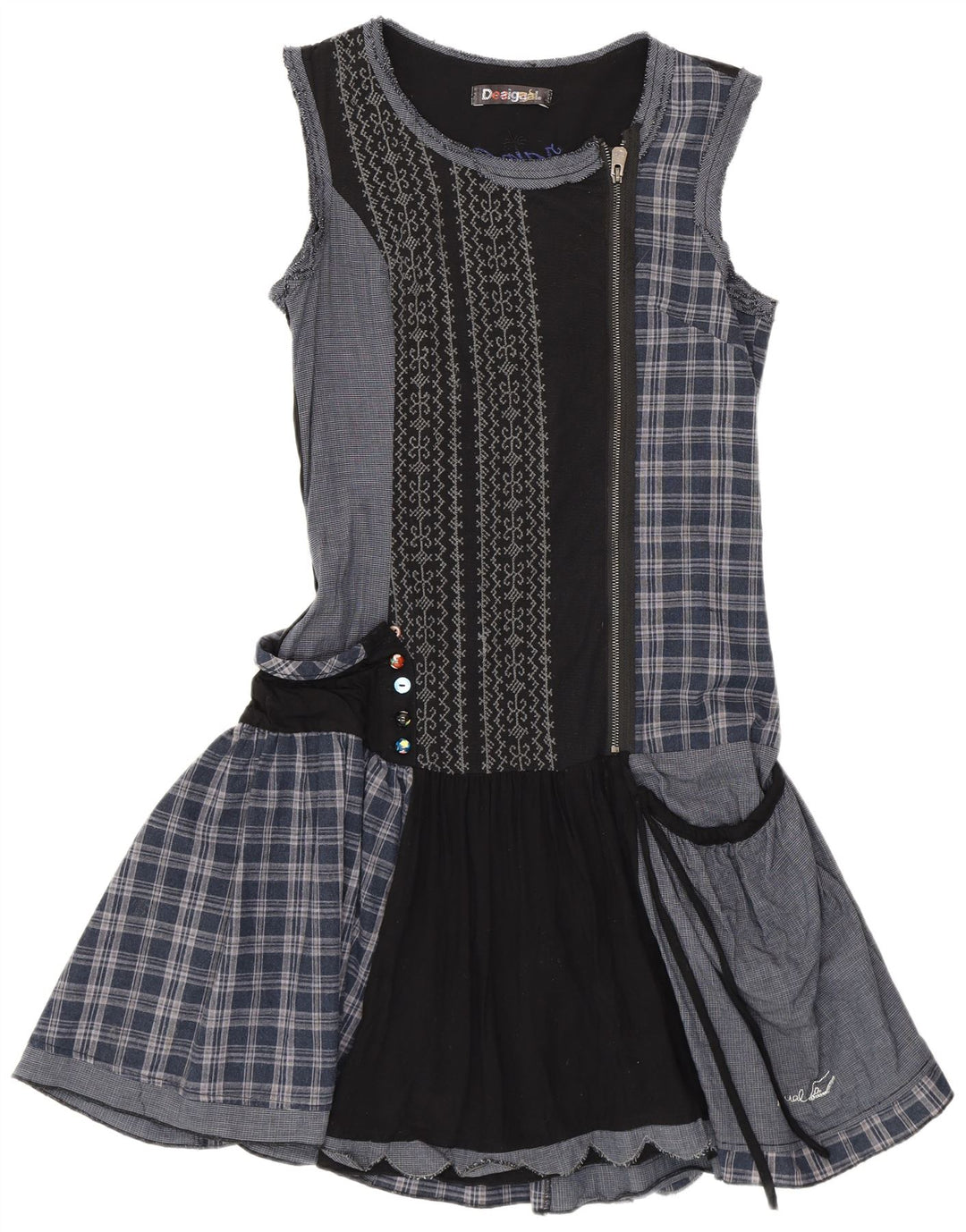 Desigual Womens Drop Waist Dress EU 38 Medium Navy Blue Patchwork