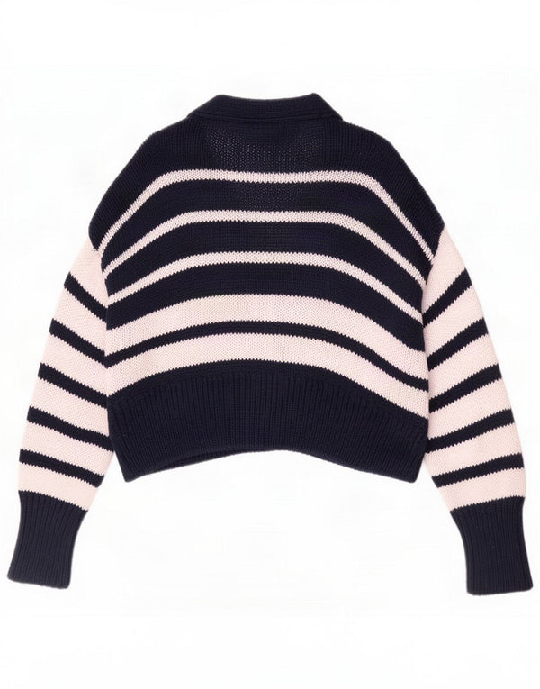 Zara Womens Crop Loose Fit Cardigan Sweater UK 10 Small Navy Blue Striped