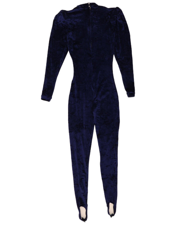 Vintage Womens Velour Stirrup Jumpsuit UK 6 XS Navy Blue Polyamide