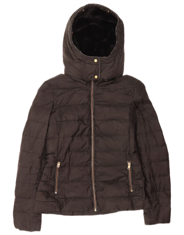 Zara Womens Hooded Sherpa Padded Jacket UK 10 Small Black Polyester