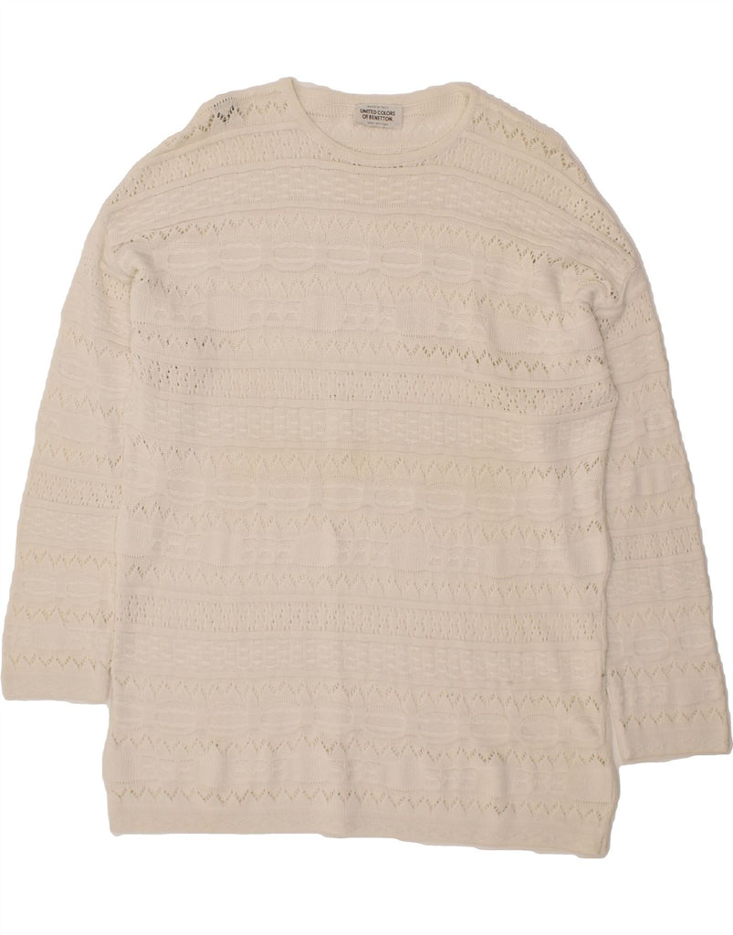 BENETTON Womens Longline Crew Neck Jumper Sweater UK 10 Small Off White Vintage Benetton and Second-Hand Benetton from Messina Hembry 