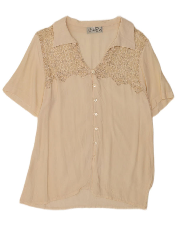 Vintage Womens Short Sleeve Shirt Blouse UK 20 2XL Beige Silk