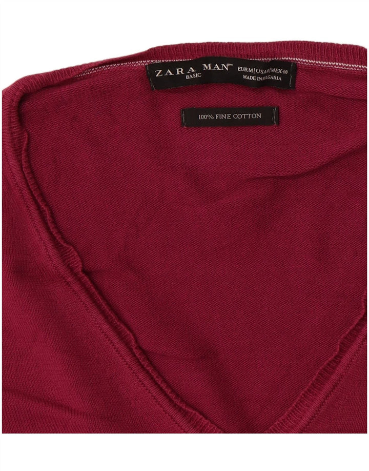 Zara Mens V-Neck Jumper Sweater Medium Pink Cotton