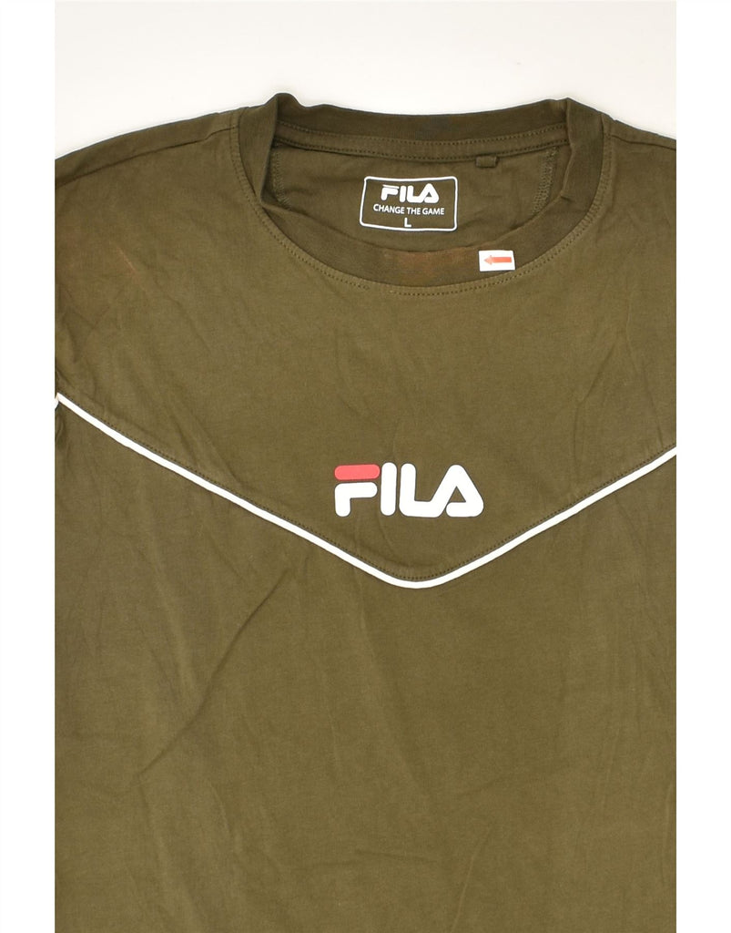 FILA Womens Graphic Top Long Sleeve UK 16 Large Khaki Cotton | Vintage Fila | Thrift | Second-Hand Fila | Used Clothing | Messina Hembry 