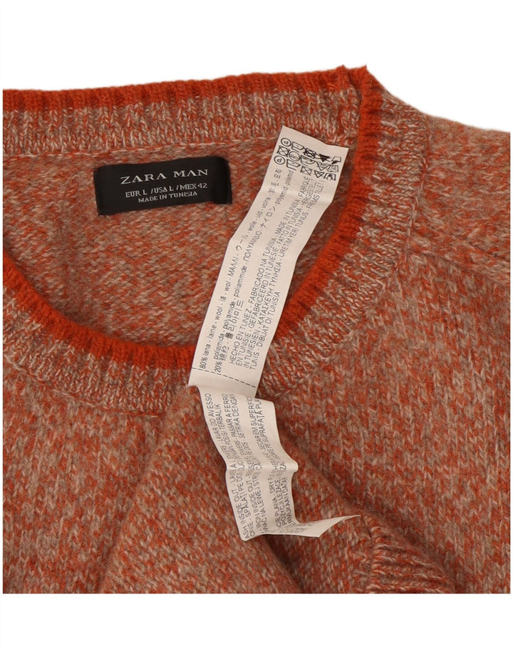 Zara Mens Crew Neck Jumper Sweater Large Orange Flecked Wool