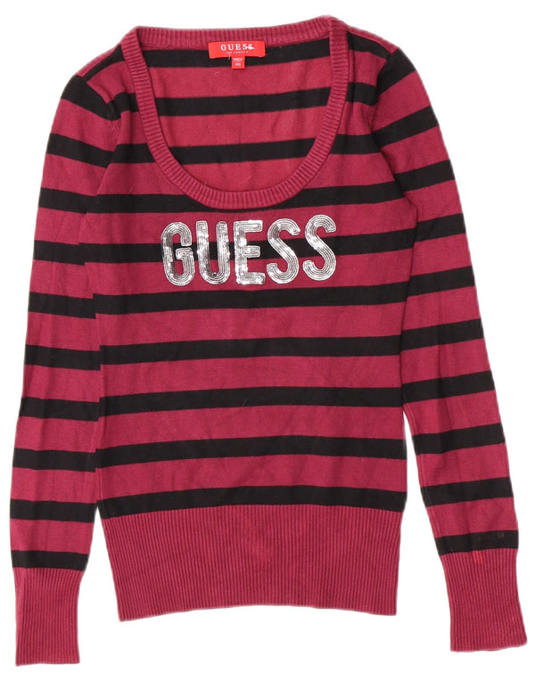 Guess Womens Graphic Boat Neck Jumper Sweater UK 4 XS Burgundy Striped