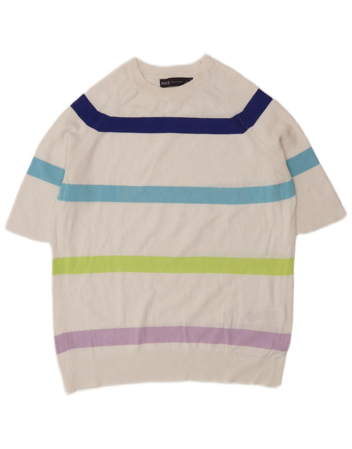Marks & Spencer Womens Crew Neck Jumper Sweater UK 10 Small White Striped