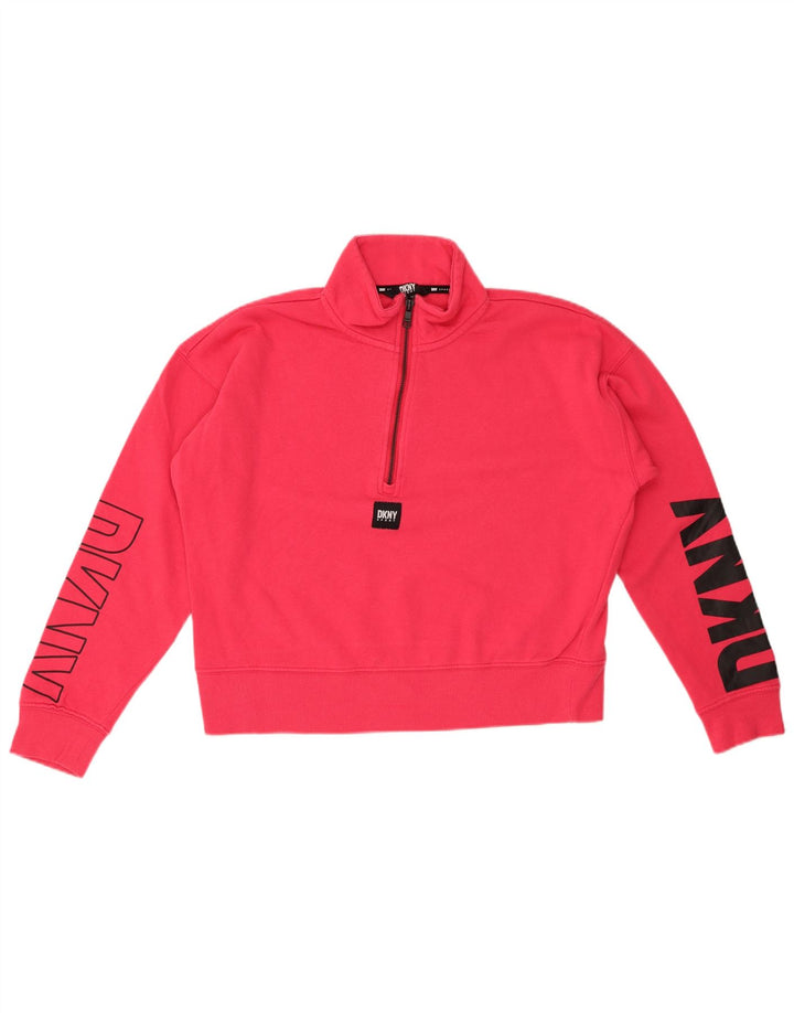 DKNY Womens Oversized Graphic Zip Neck Sweatshirt Jumper UK 10 Small Pink