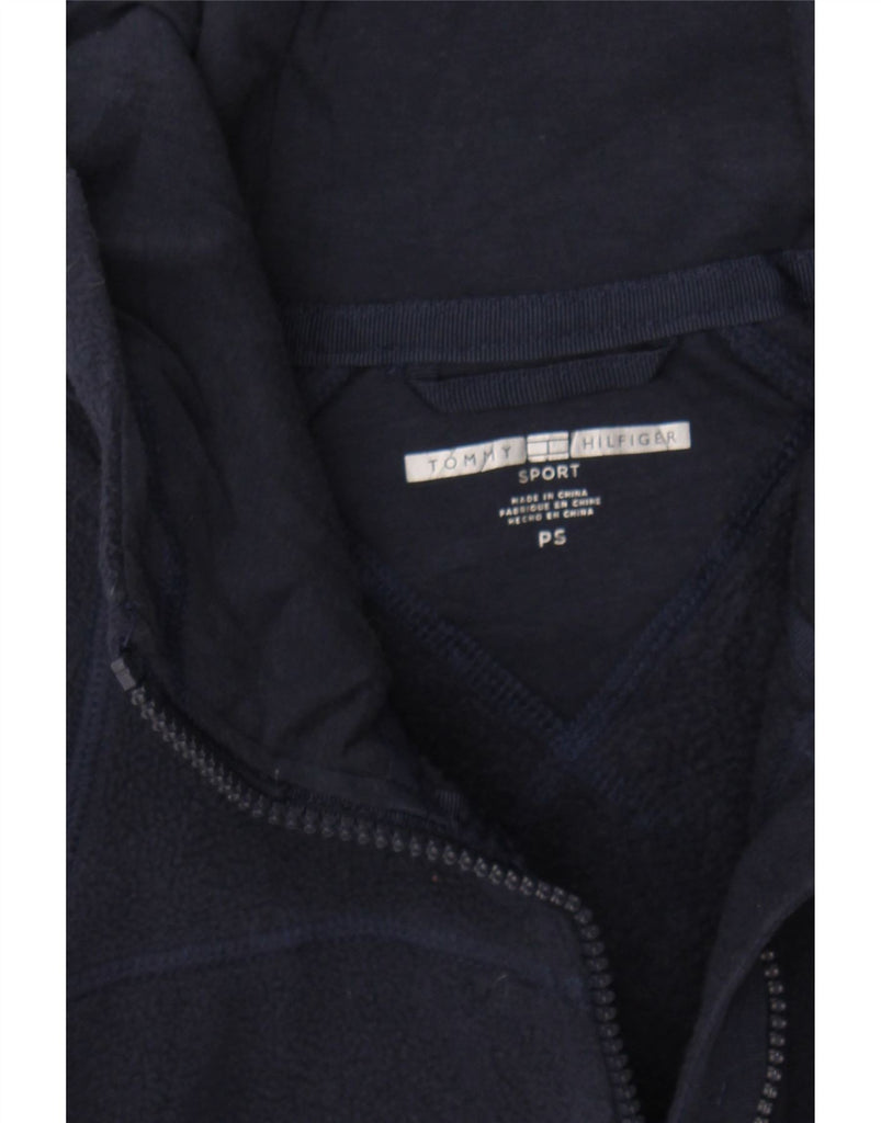 TOMMY HILFIGER Mens Graphic Hooded Fleece Jacket UK 36 Small Navy Blue Vintage Tommy Hilfiger and Second-Hand Tommy Hilfiger from Messina Hembry 