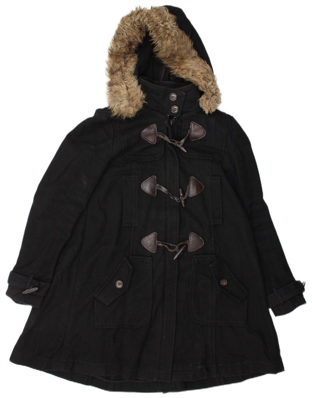 Vintage Womens Hooded Duffle Coat UK 10 Small Black Wool
