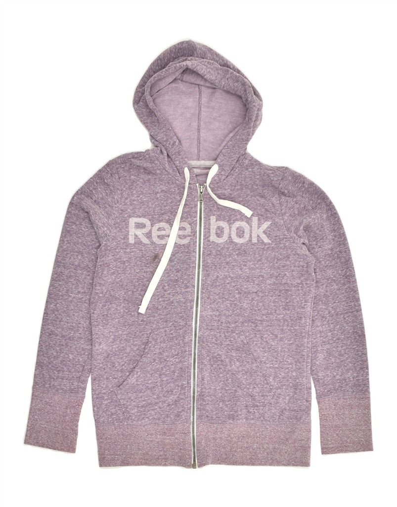 REEBOK Womens Graphic Zip Hoodie Sweater UK 14 Large Purple Flecked Cotton | Vintage Reebok | Thrift | Second-Hand Reebok | Used Clothing | Messina Hembry 