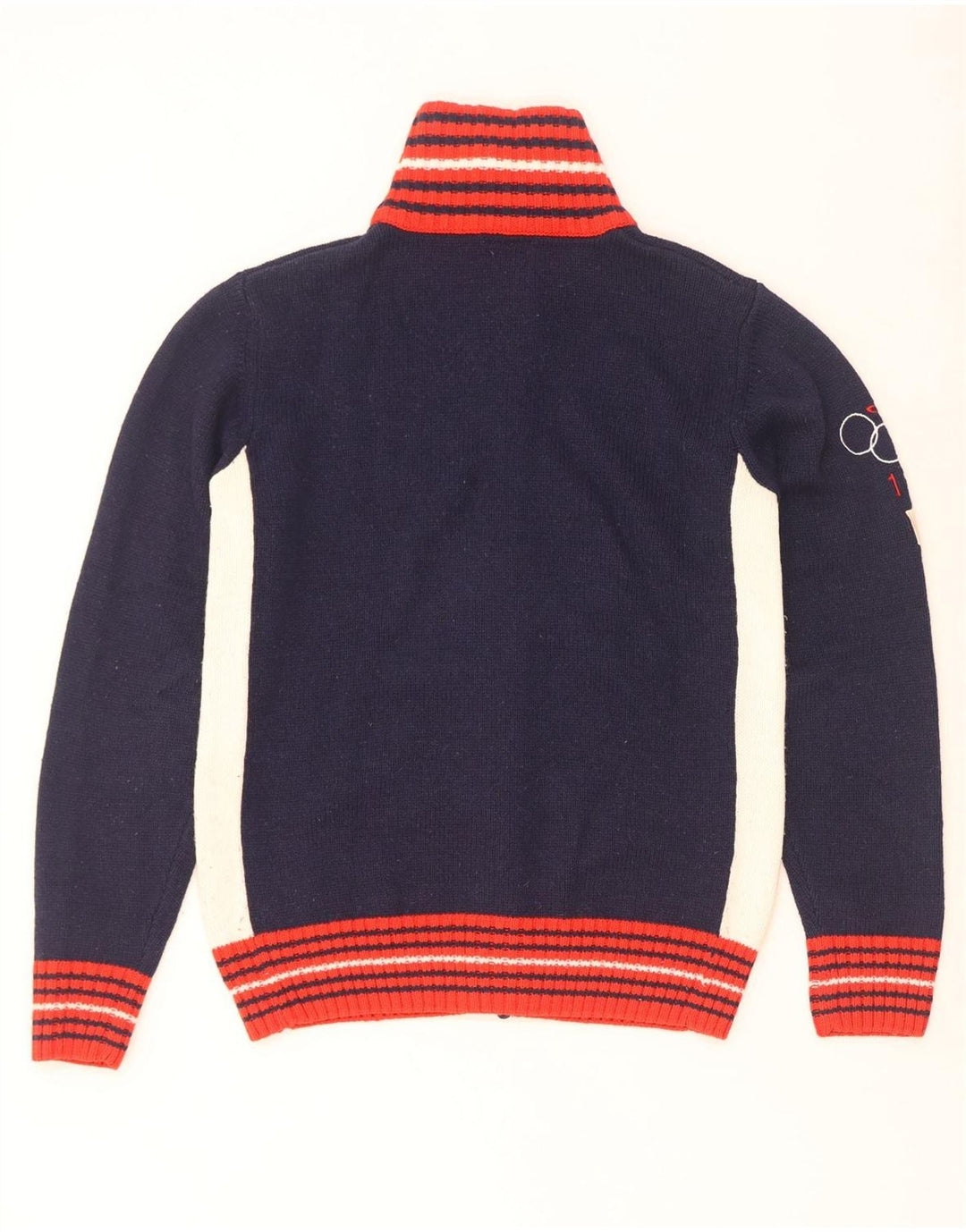 Datch Mens Graphic Cardigan Sweater UK 14 Medium Navy Blue Colourblock Wool