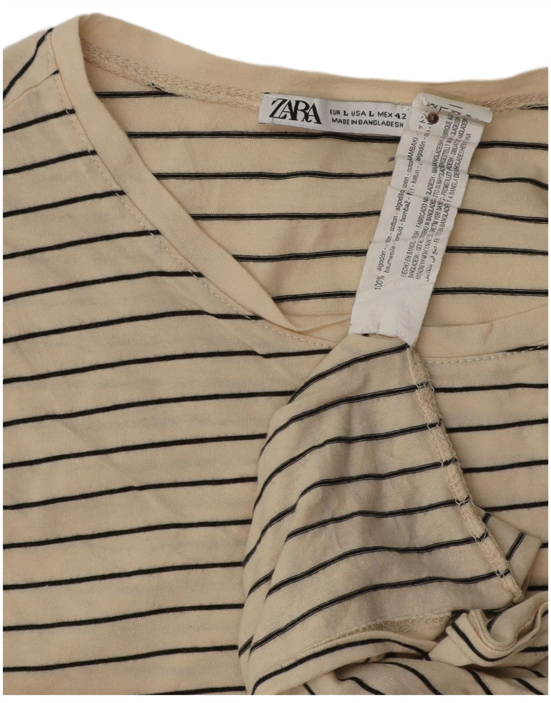 Zara Mens T-Shirt Top Large Beige Striped Cotton