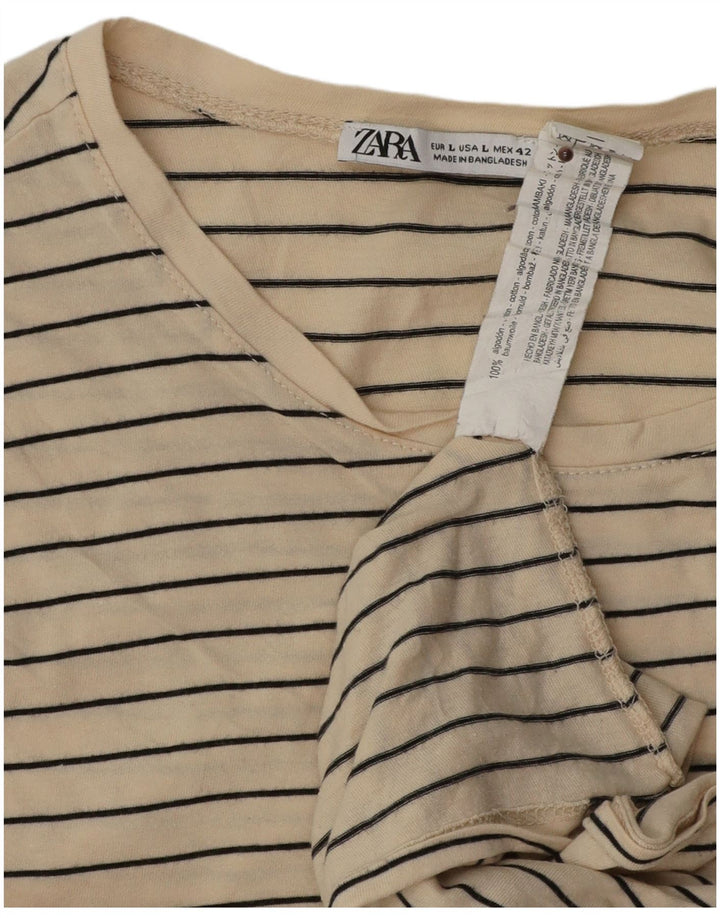 Zara Mens T-Shirt Top Large Beige Striped Cotton