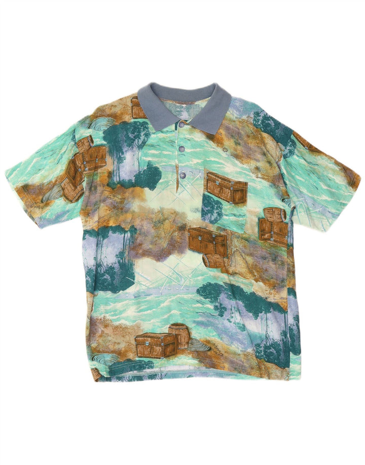 Vintage Mens Abstract Pattern Polo Shirt Medium Blue