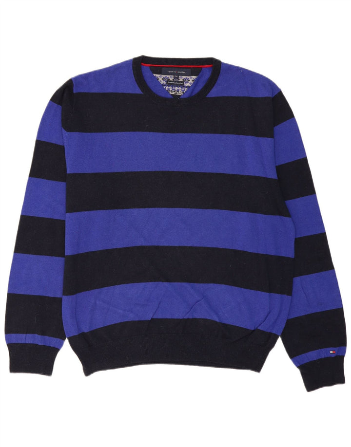 TOMMY HILFIGER Mens Crew Neck Jumper Sweater 2XL Black Striped Cotton