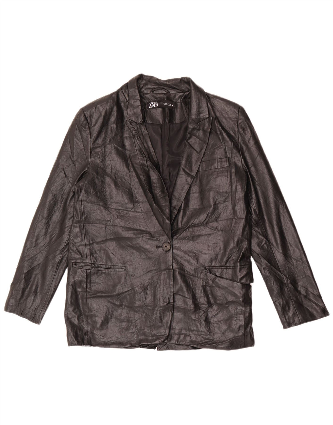 Zara Womens 1 Button Faux Leather Blazer Jacket UK 14 Medium Black
