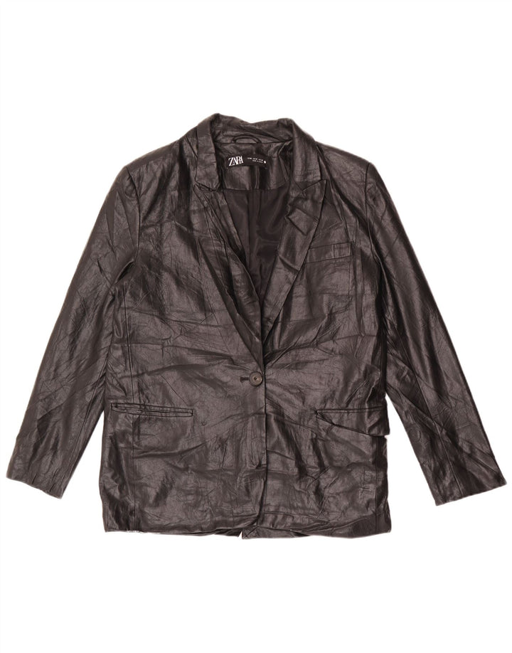 Zara Womens 1 Button Faux Leather Blazer Jacket UK 14 Medium Black