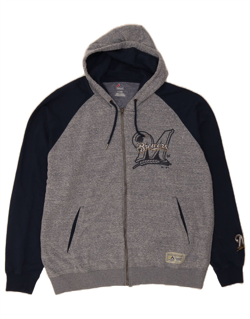 MAJESTIC Mens Milwaukee Brewers Zip Hoodie Sweater XL Grey Colourblock Vintage Majestic and Second-Hand Majestic from Messina Hembry 