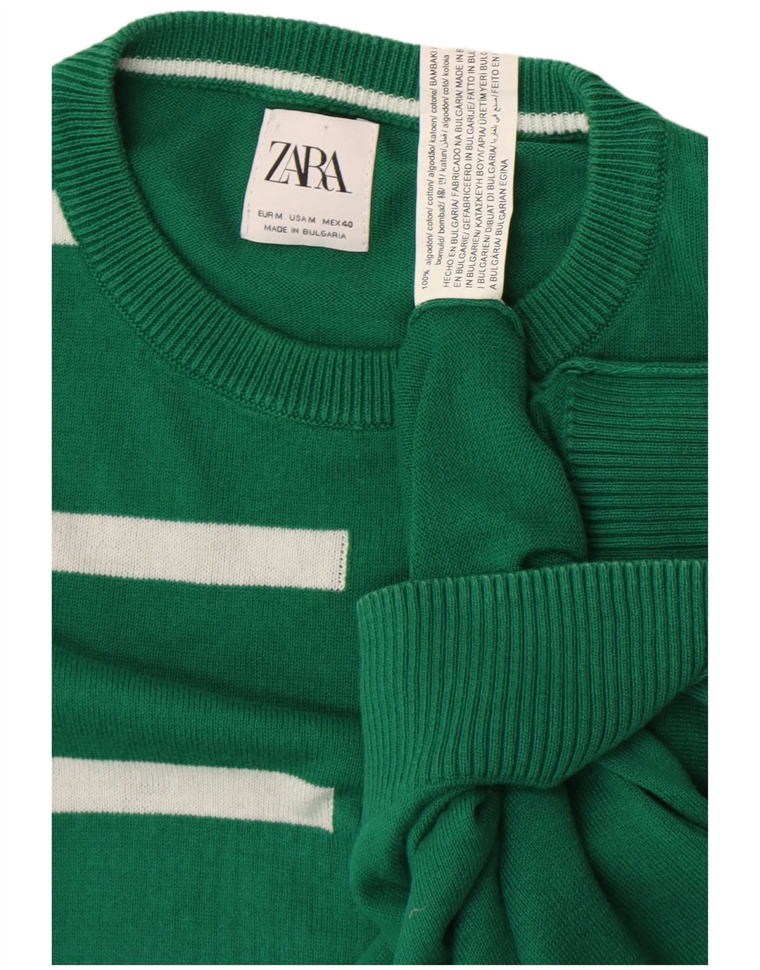 Zara Mens Crew Neck Jumper Sweater Medium Green Striped Cotton