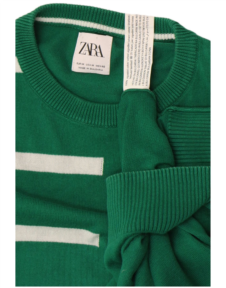 Zara Mens Crew Neck Jumper Sweater Medium Green Striped Cotton