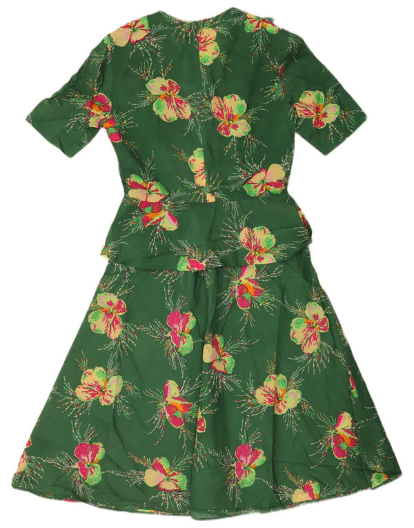 Vintage Womens Short Sleeves A-Line Dress UK 12 Medium Green Floral