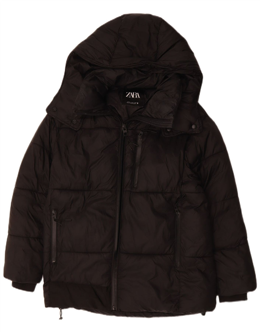 ZARA Womens Oversized Hooded Padded Jacket UK 6 XS Black Polyester