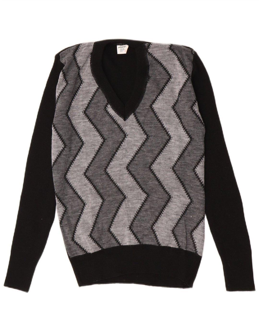 Vintage Mens V-Neck Jumper Sweater IT 52 Large Black Chevron Polyacrylic