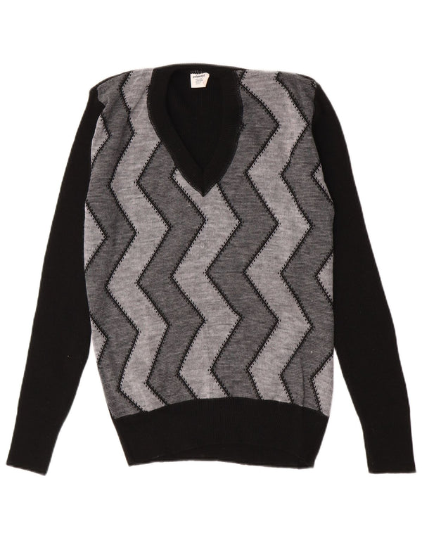 Vintage Mens V-Neck Jumper Sweater IT 52 Large Black Chevron Polyacrylic