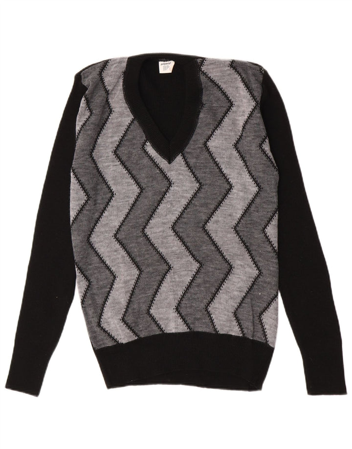 Vintage Mens V-Neck Jumper Sweater IT 52 Large Black Chevron Polyacrylic
