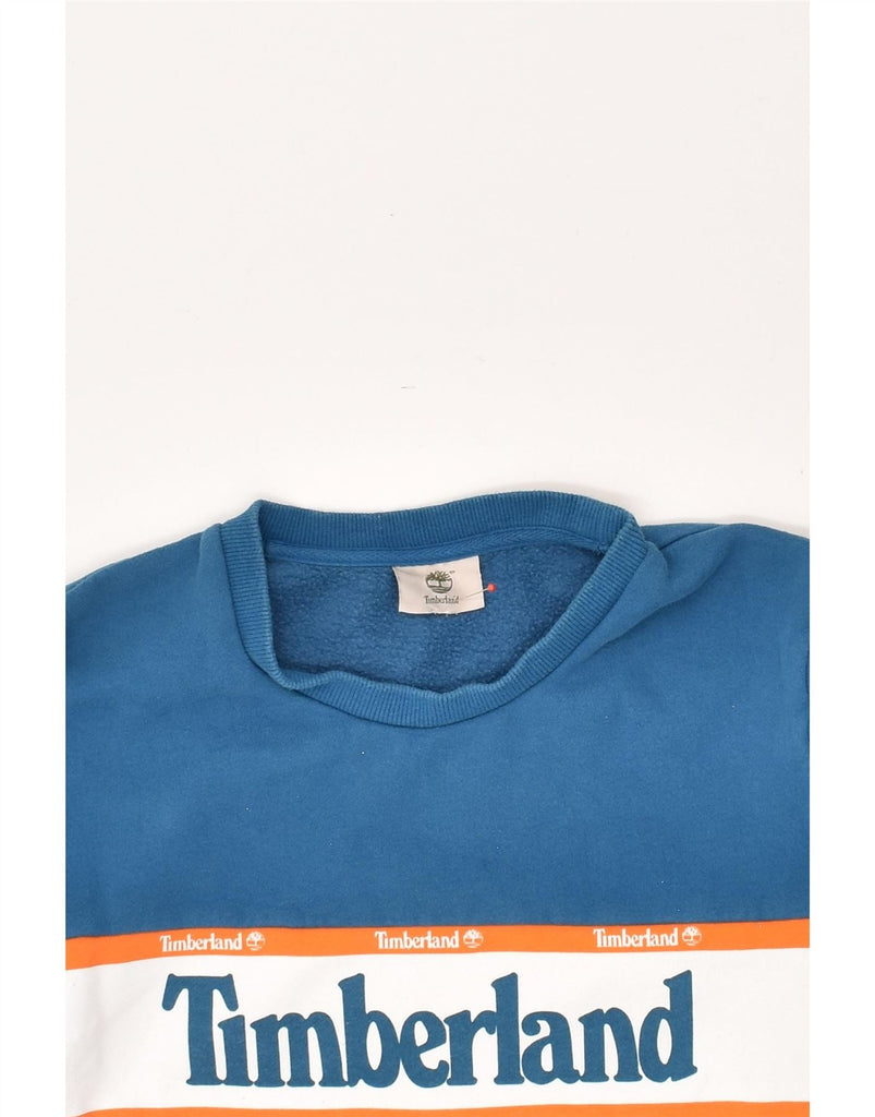 TIMBERLAND Boys Graphic Sweatshirt Jumper 13-14 Years Blue Colourblock Vintage Timberland and Second-Hand Timberland from Messina Hembry 