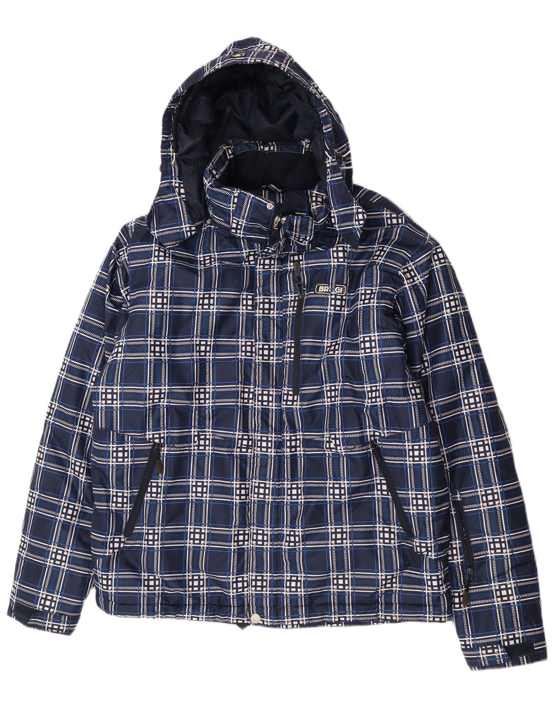 Brugi Mens Hooded Padded Jacket UK 40 Large Navy Blue Check Polyester