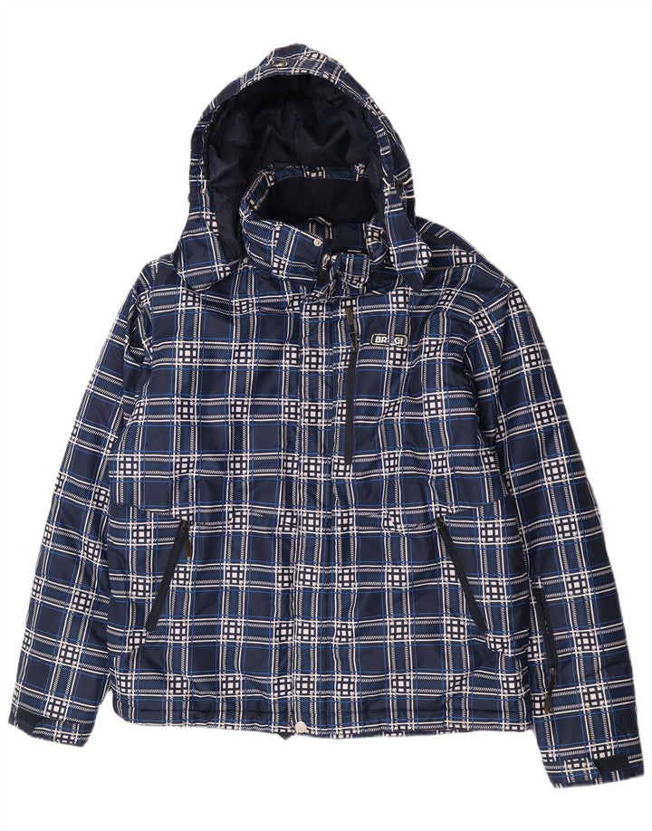 Brugi Mens Hooded Padded Jacket UK 40 Large Navy Blue Check Polyester