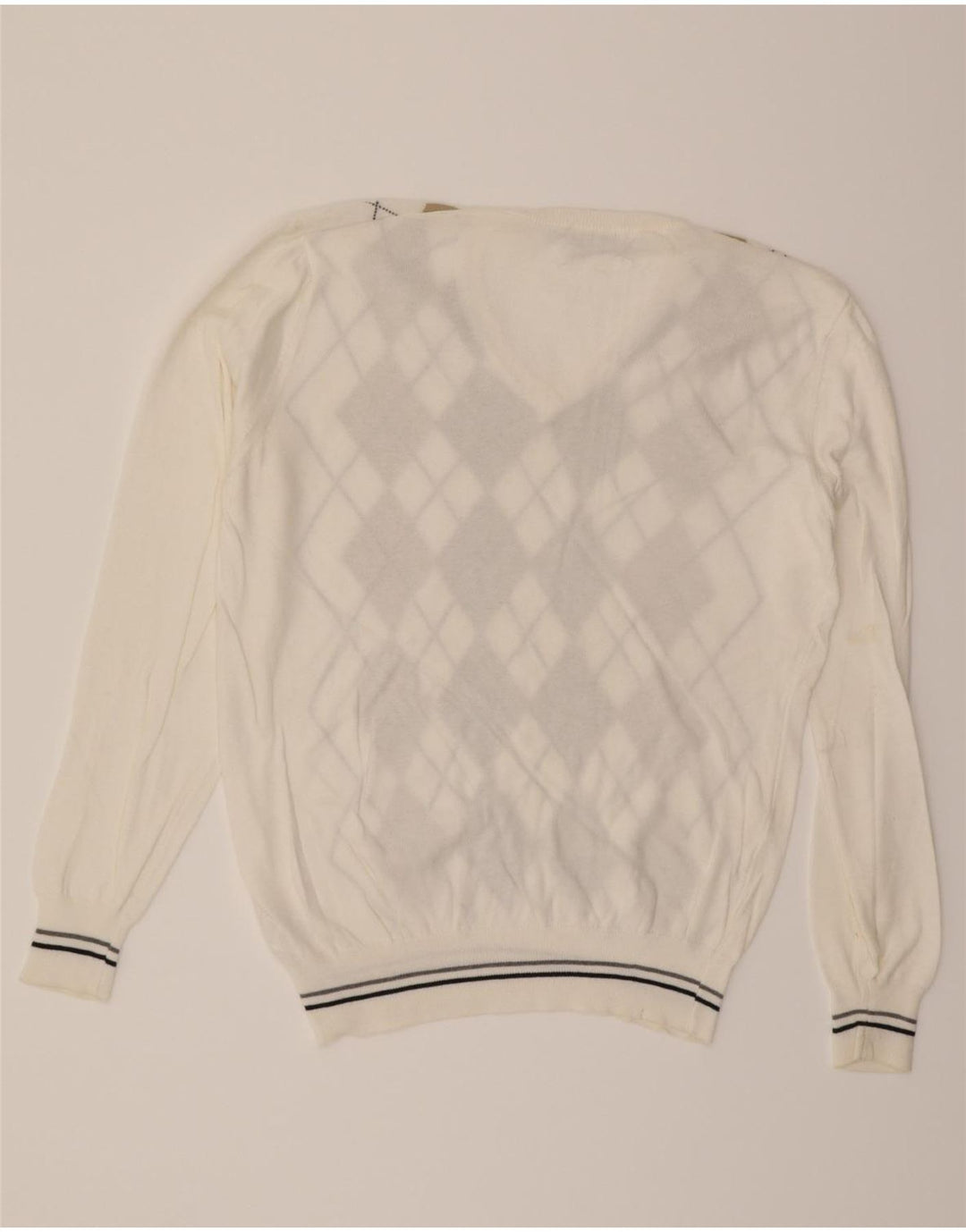CONBIPEL Mens V-Neck Jumper Sweater Medium White Argyle/Diamond Cotton Vintage Conbipel and Second-Hand Conbipel from Messina Hembry 