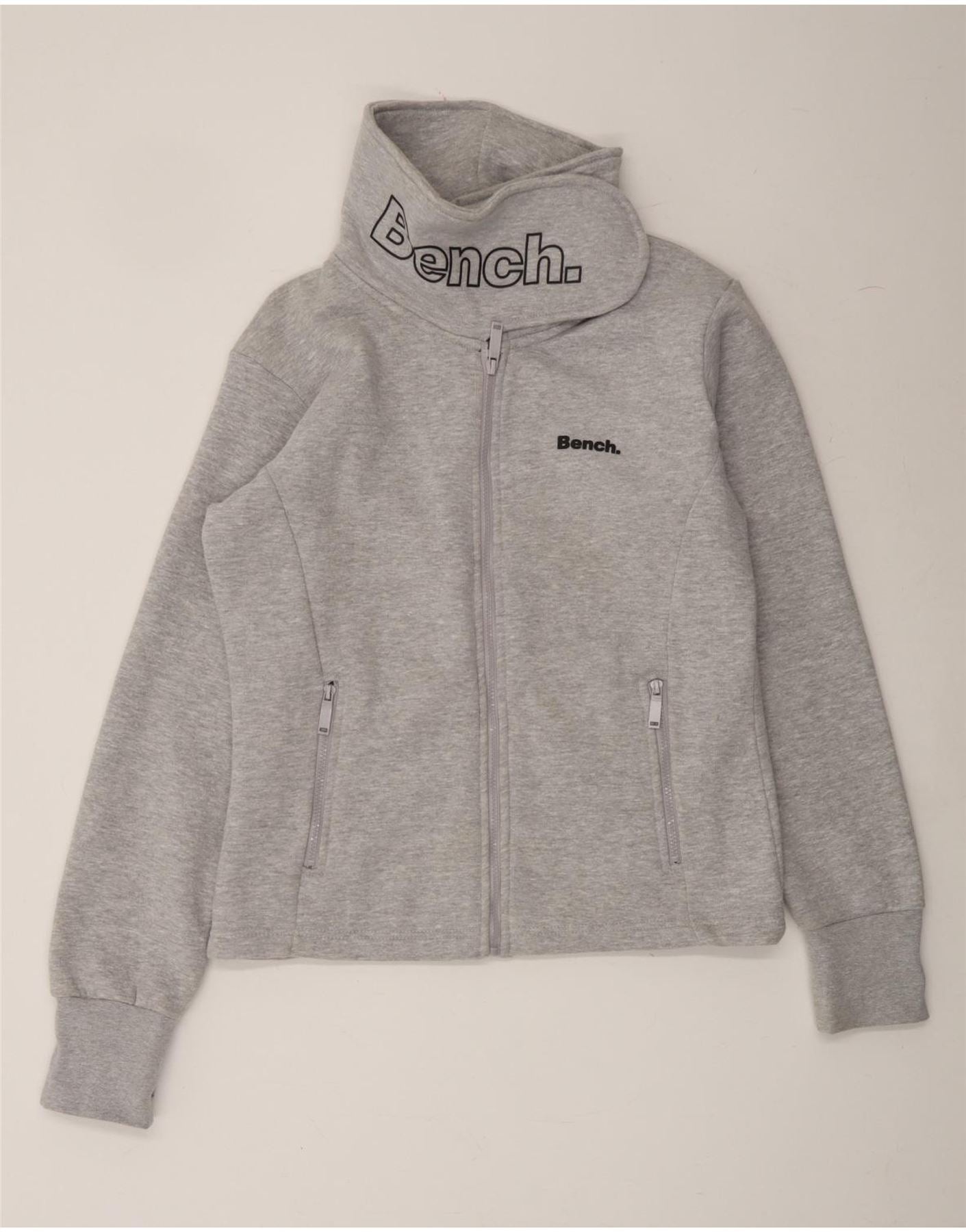 BENCH Womens Graphic Tracksuit Top Jacket UK 14 Large Grey Cotton