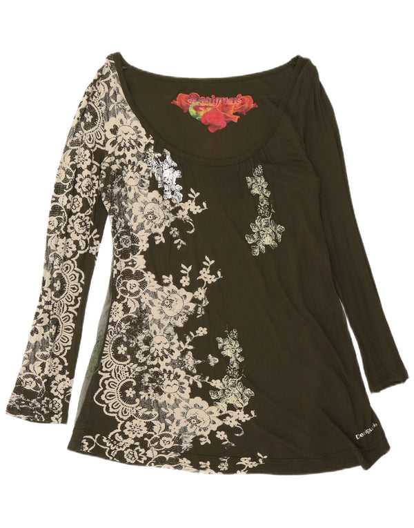 Desigual Womens Top Long Sleeve UK 18 XL Khaki Floral Viscose