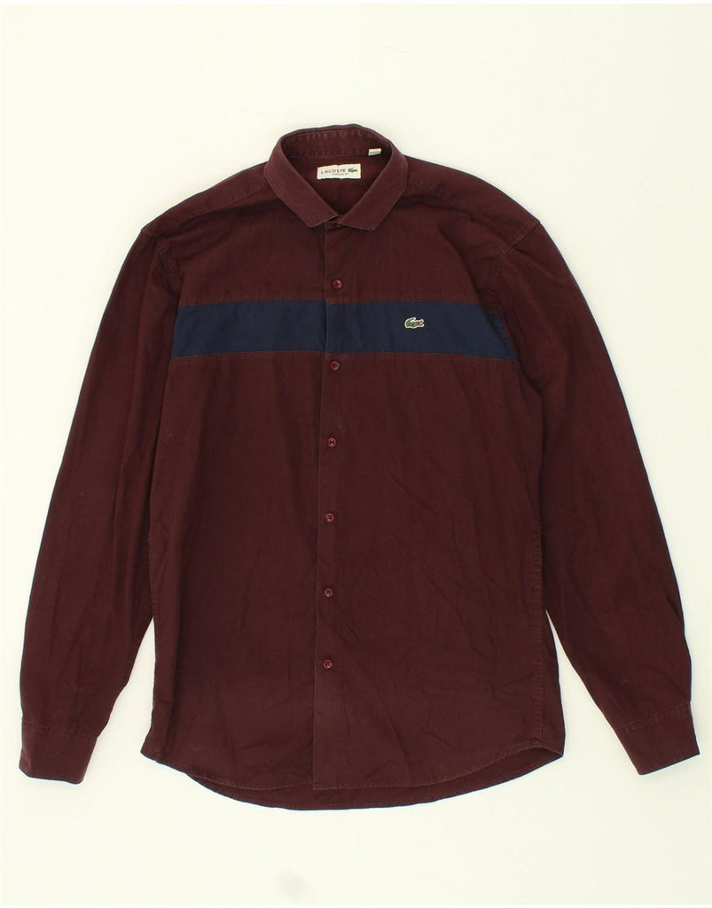 LACOSTE Mens Custom Fit Shirt Size 42 Large Burgundy Colourblock Cotton | Vintage Lacoste | Thrift | Second-Hand Lacoste | Used Clothing | Messina Hembry 