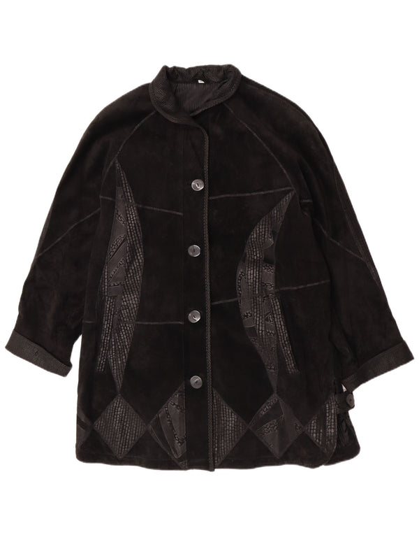 Vintage Womens Suede Oversized Overcoat EU 42 Large Black Geometric Leather