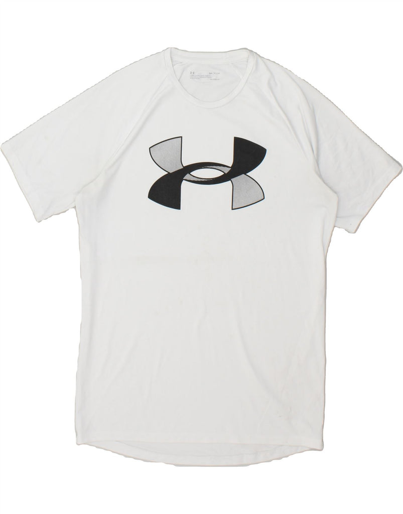 UNDER ARMOUR Mens Heat Gear Graphic T-Shirt Top Small White Polyester | Vintage Under Armour | Thrift | Second-Hand Under Armour | Used Clothing | Messina Hembry 