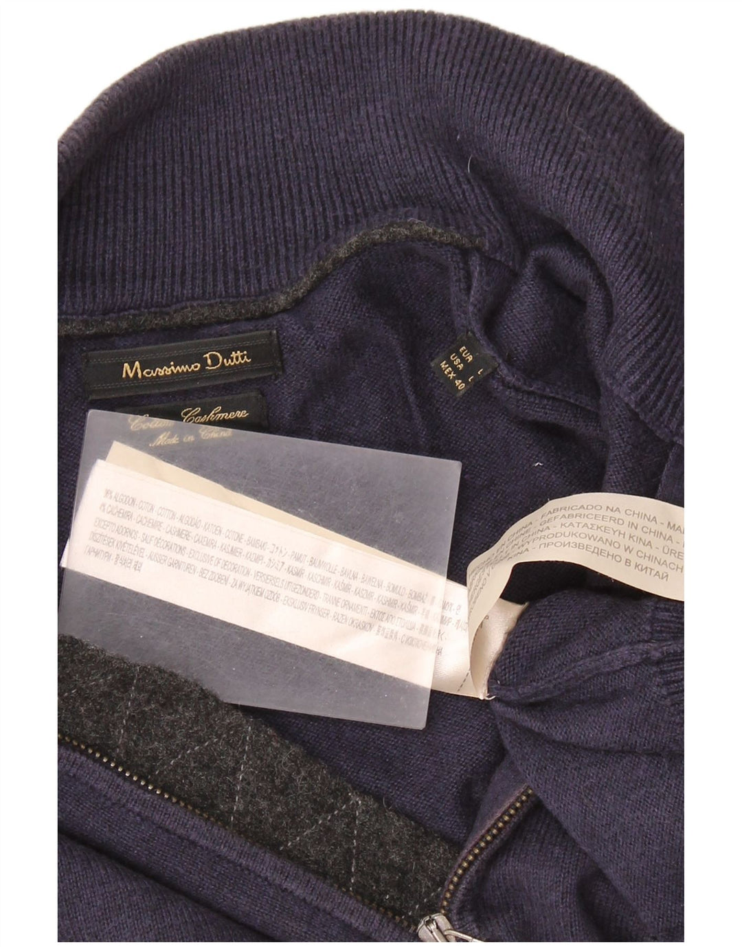 MASSIMO DUTTI Mens Zip Neck Jumper Sweater Large Navy Blue Cotton