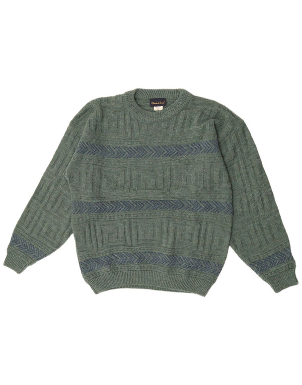 Claude De Pierre Mens Crew Neck Jumper Sweater Medium Green Geometric Wool