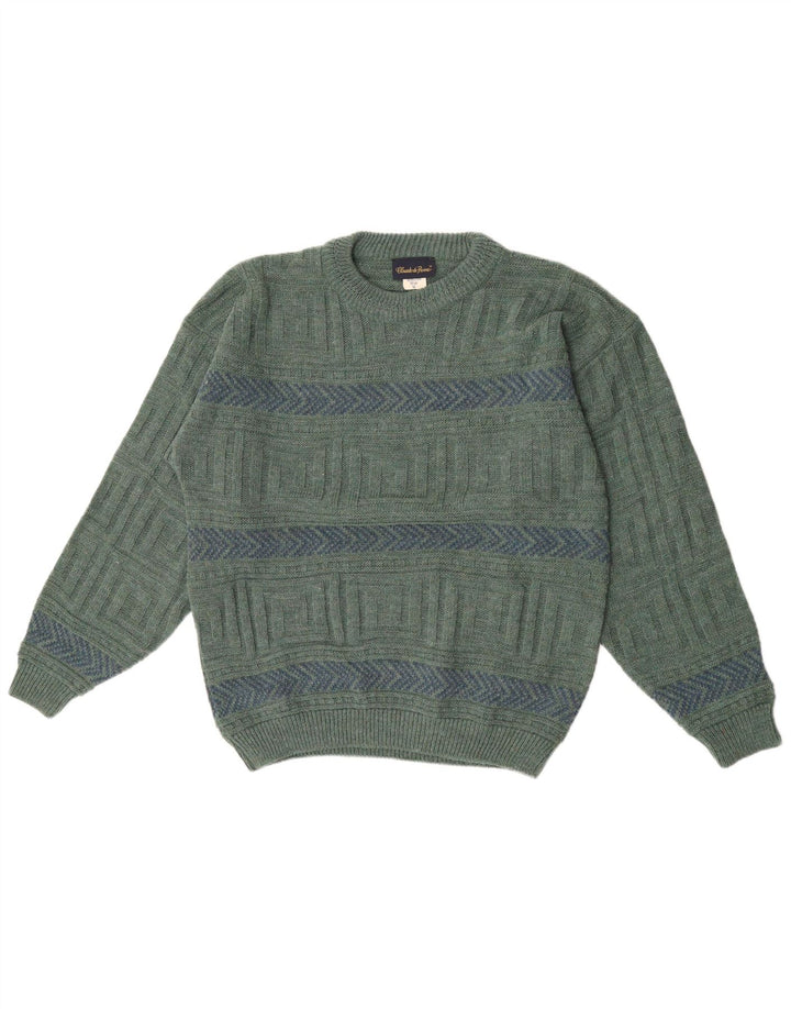 Claude De Pierre Mens Crew Neck Jumper Sweater Medium Green Geometric Wool
