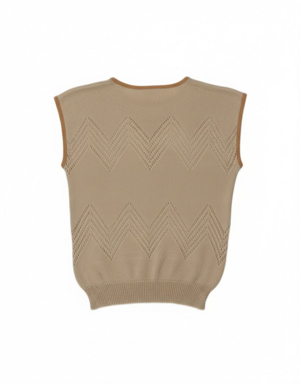 Vintage Womens Vest Tank Top UK 12 Medium Beige Floral Acrylic