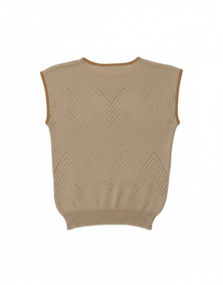 Vintage Womens Vest Tank Top UK 12 Medium Beige Floral Acrylic