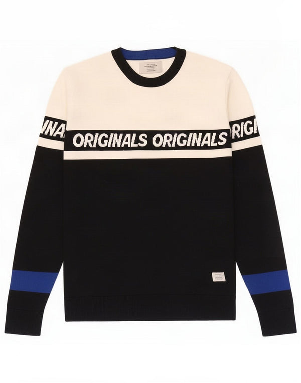 Jack & Jones Mens Graphic Crew Neck Jumper Sweater Medium Black Colourblock