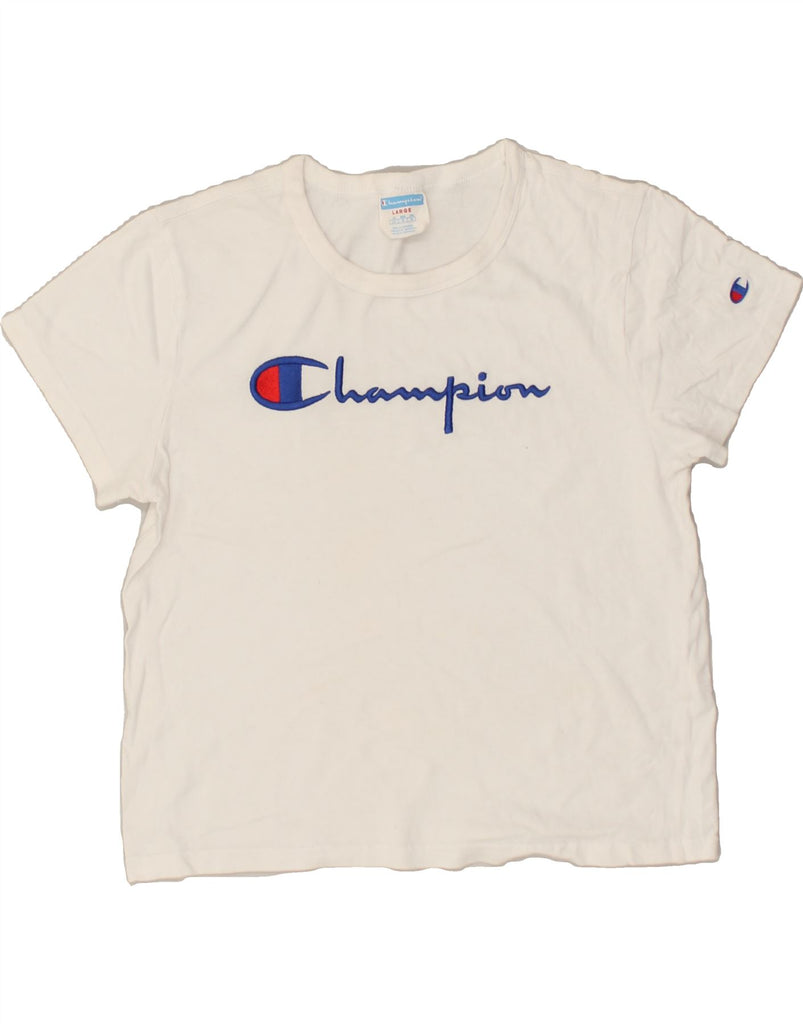 CHAMPION Womens Graphic T-Shirt Top UK 16 Large White Cotton | Vintage Champion | Thrift | Second-Hand Champion | Used Clothing | Messina Hembry 