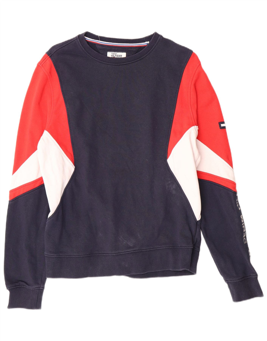 TOMMY HILFIGER Mens Graphic Sweatshirt Jumper Medium Navy Blue Colourblock